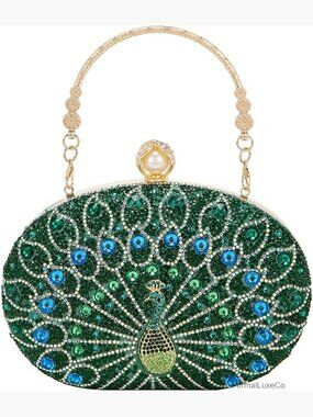 Crystal Clutch Purse Evening Bag Peacock Pattern Formal Handbag